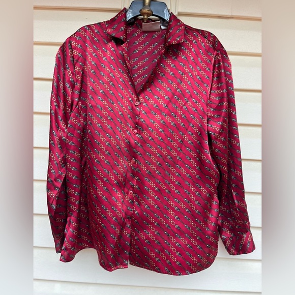 Kathie Lee Collection dark red button down blouse, chain & buckle print, XL - Picture 1 of 8